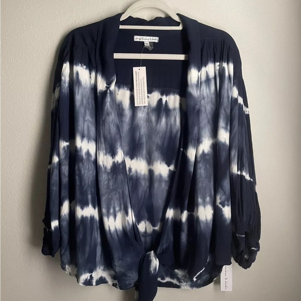Young Fabulous And Broke Size XS Relaxed Tie Dye Indigo Tie Front Rayon Blouse